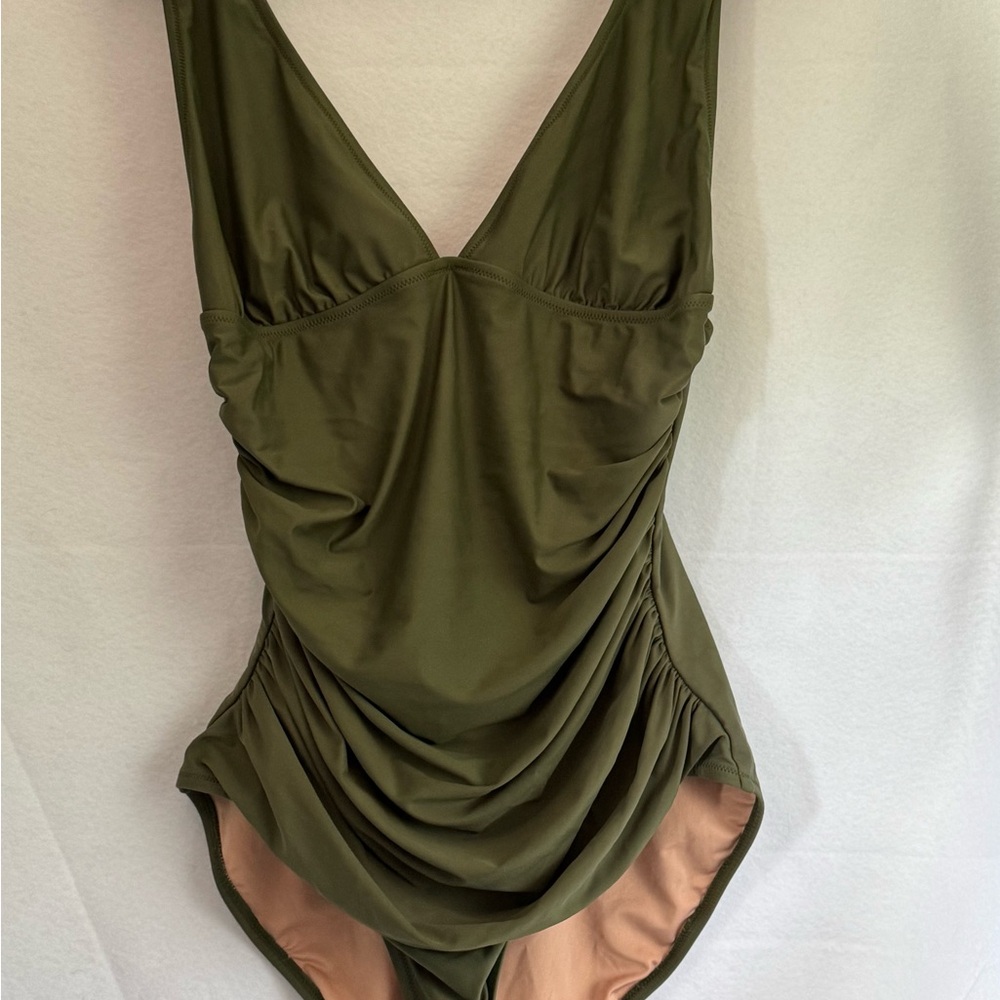 J.CREW Women's One-Piece Swimsuit Olive Green, Khaki, V-Neck, Size 16